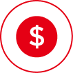 Red dollar symbol on black circular background.