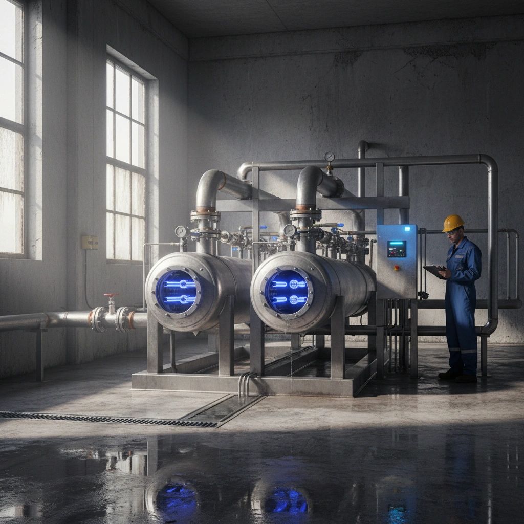 Industrial worker inspecting machinery in factory setting.