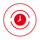 Red clock icon on black background.