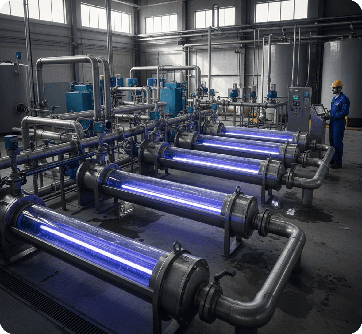Industrial water treatment facility with glowing tubes.