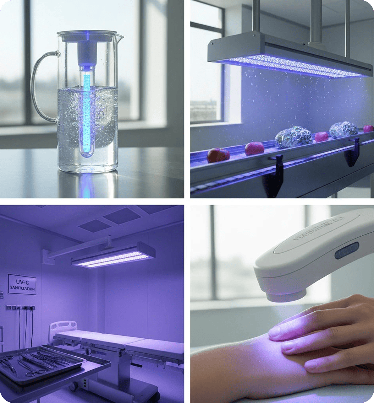 UV light sanitizing water, food, room, skin.