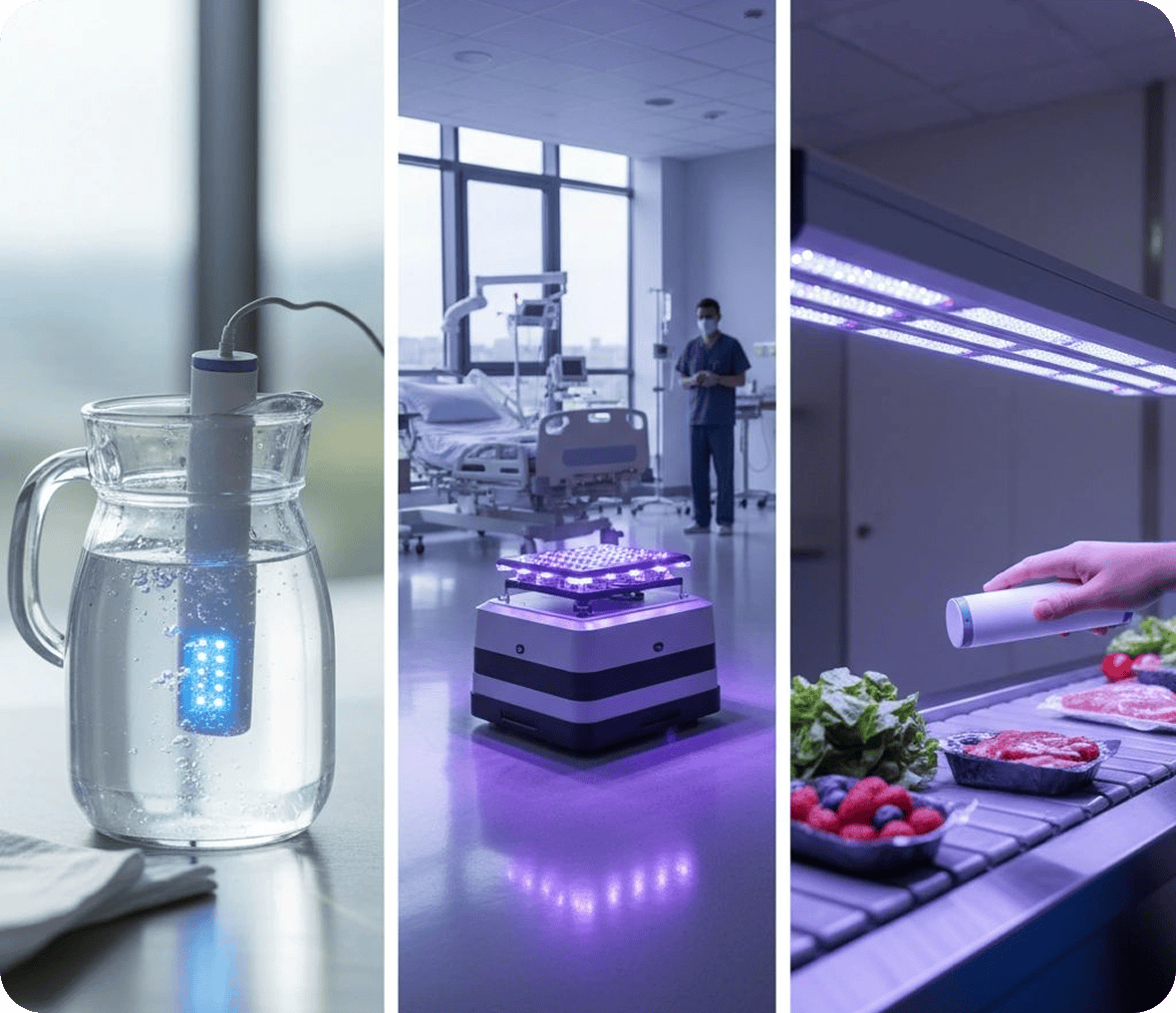 UV sterilization in water, hospital, and food.